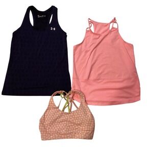 Under Armour Womens Athletic Tank Top Sports Bra Set Navy Pink Floral Activewear